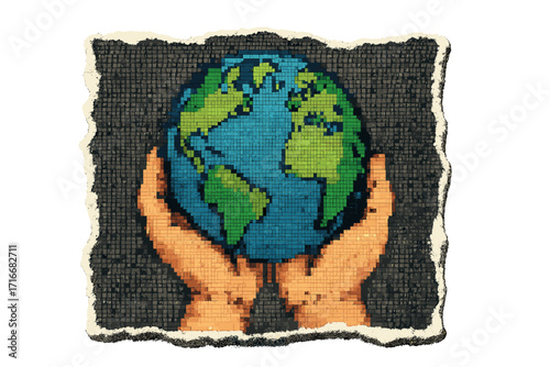 Pixel art hands holding Earth for World Earth Day. Saving the planet concept. Ecology and environmental care. Torn paper halftone collage art. Nostalgic 8 bit vector illustration.