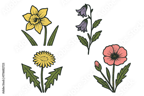 Retro spring flowers set, vintage herbarium style dotted halftone texture, wildflowers vector illustration, trendy botanical cartoon, colorful floral elements design