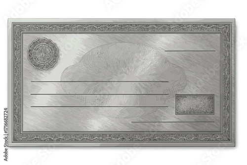 Luxury silver cheque template with vintage guilloche. Check with abstract watermark, border. Metallic background for banknote, money design, note, voucher, gift certificate.