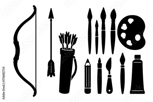 Archery and art tools silhouette collection. Vector icon set for creative hobbies, sports, and precision concepts. Bow, arrow, quiver, paintbrush, palette isolated.