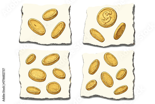 Realistic gold coins falling on torn paper collage elements, yellow metal money vector illustration, cartoon style, shiny currency, financial wealth, treasure concept