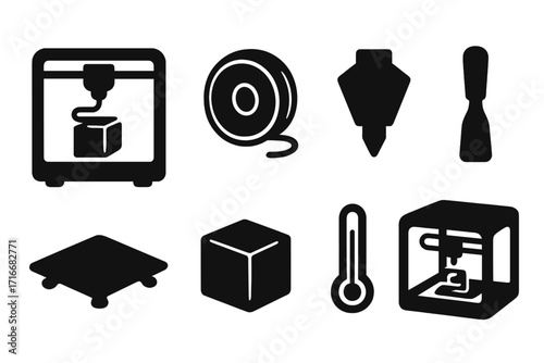 3D printing icon set. Collection of black silhouette symbols for additive manufacturing technology. Vector icons of printer, filament, nozzle, spatula, heatbed, cube, enclosure.