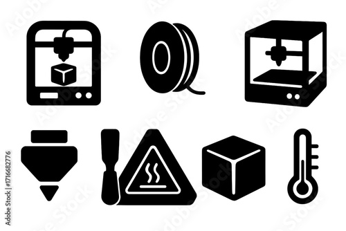 3D printing essentials icon set. Black silhouette vector icons of printer, filament spool, nozzle, spatula, heatbed warning, and cube model for additive manufacturing.