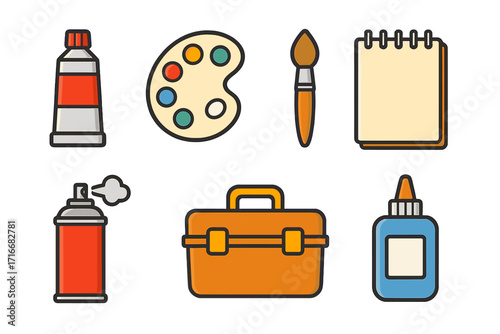 Art supplies icon set vector illustration. Paint tube, artist palette, brush, sketchbook, spray can, glue and toolbox. Creative hobby and craft concept design elements.