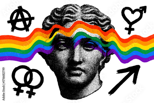 Pride month banner template in punk grunge collage style. Concept of lgbtq, pride, love, equality, diversity. Modern vector poster with wavy distorted antique statue head.