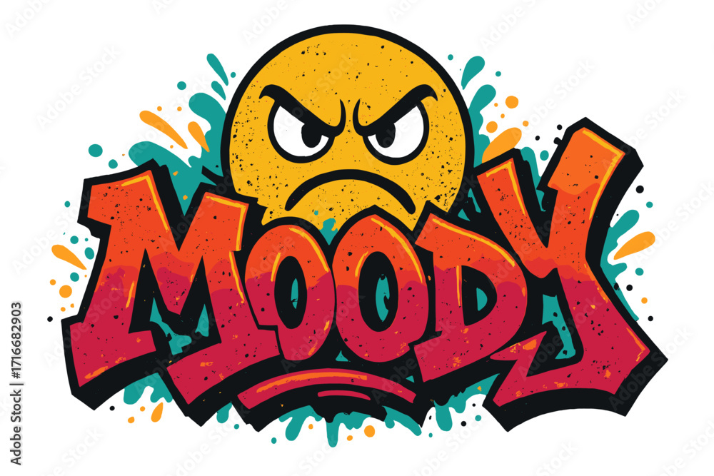 Fototapeta premium Moody graffiti lettering with an angry emoji face. Urban street art style typography for a t-shirt design. 90s retro vector illustration. Cartoon character with bad mood emotion.