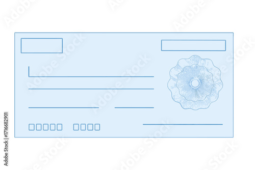 Money check template, chequebook paper. Blank blue business bank cheque with guilloche pattern rosette watermark. Vector background for voucher, gift certificate, banknote.