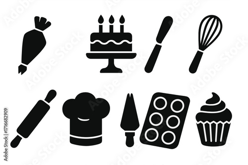 Baking tools icon set silhouette for cake decoration and pastry. Kitchen equipment for bakery, cooking dessert. Vector illustration includes cupcake, whisk, rolling pin, chef hat.