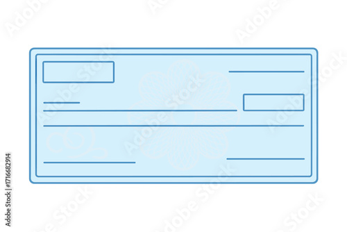 Money check template on chequebook paper. Blank blue business bank cheque with secure guilloche pattern, rosette, and abstract watermark. Vector for voucher or banknote.