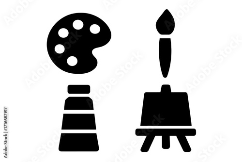 Art tools icon set. Paint palette, brush, easel, and paint tube symbols. Simple black silhouette style. Vector illustration for creative hobby, artist supplies, painting.