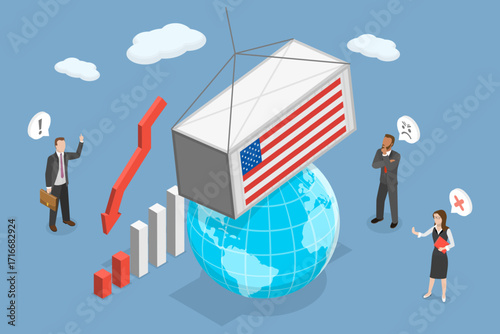 3D Isometric Flat Vector Illustration of Trade War, Impact Of US Economic Pressure
