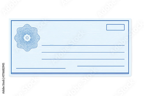 Blank check template. Blue business bank cheque design. Financial document, payment slip, or money order. Vector illustration with guilloche pattern and watermark.