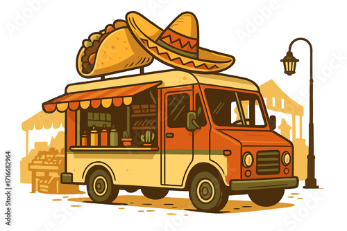 Mexican food truck at street food festival. Retro vector illustration of a commercial vehicle with a taco and sombrero on top. Mobile kitchen for fast food and takeaway.