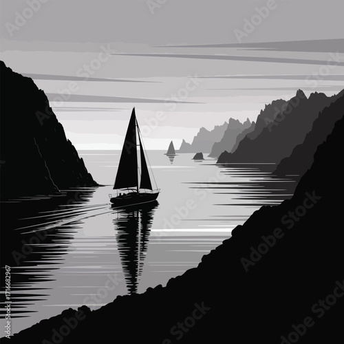Sailboat on Fjord Illustration Vector Art Isolated Design of a Nautical Scene