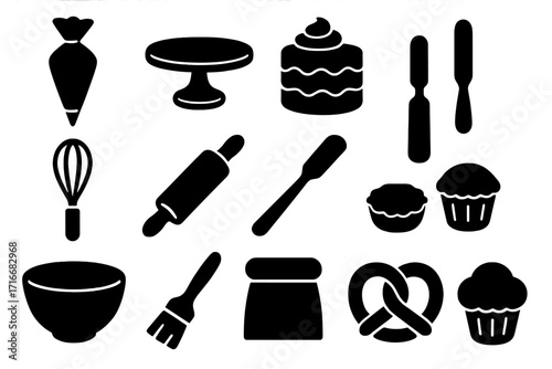 Baking tools icon set in black silhouette style. Pastry and cake decoration equipment collection. Vector kitchen utensils for cooking desserts, muffins, and pies. Whisk, rolling pin.