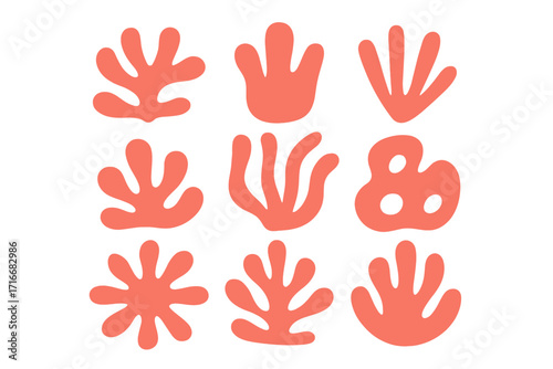Naive coral abstract shape matisse geometric composition. Childish organic art coral underwater world in doodle minimal style. Vector simple hand drawn illustration set.