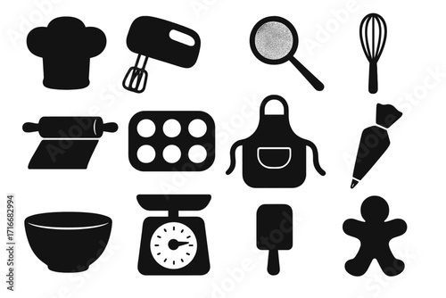Baking tools silhouette icons set. Kitchen equipment for cooking pastry. Vector graphic collection. Chef hat, mixer, whisk, rolling pin, muffin tin, apron, scale, sifter.
