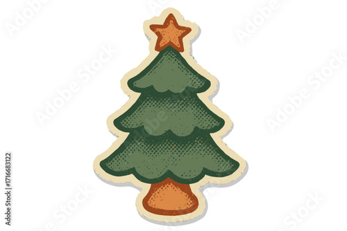 Christmas tree torn paper sticker in naive halftone collage style. Vector vintage illustration for festive winter holiday. Xmas fir tree with star graphic element for design.