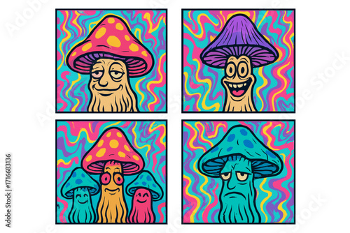 Trippy mushroom characters set. Funny cartoon faces showing different emotions. Groovy 90s retro vector design. Psychedelic magic fantasy fungi on a vibrant liquid neon background.