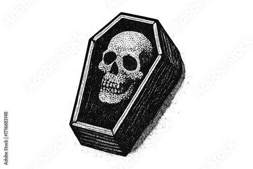 Human skull in coffin. Halftone dotted texture. Memento mori vintage illustration. Macabre gothic art. Retro horror design element. Death mortality funeral concept vector.