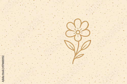 Floral line art on organic paper texture. Minimalist background with eggshell speckles. Natural vintage ecru backdrop with flecks and dots. Eco friendly concept design.