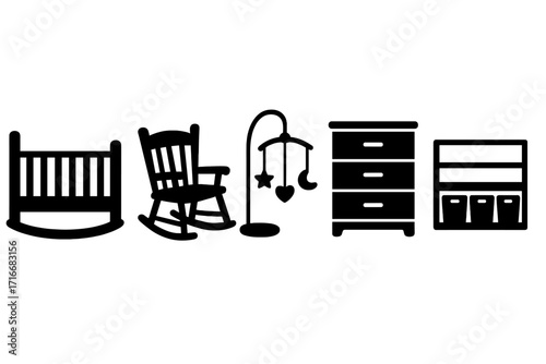 Nursery furniture icon set with black silhouettes. Vector graphic of crib, rocking chair, baby mobile, dresser, and storage shelf. For baby room decor, childcare, newborn concepts.