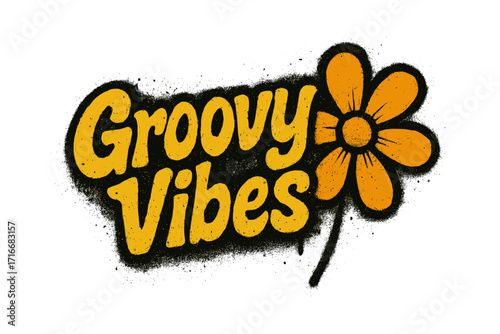 Retro 70s groovy vibes slogan with flower. Urban graffiti spray paint text art. Grunge street art typography. Vector illustration for t-shirt print, sticker or poster design.
