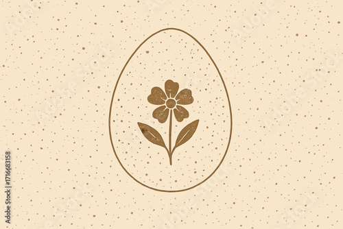Easter egg floral imprint. Minimalistic spring holiday concept. Organic fleck eggshell texture. Vintage ecru backdrop with dots, speckles, and particles. Natural ornament.