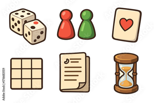 Board game icon set with dice, pawns, playing card, grid, rules, and hourglass timer. Vector cartoon illustration of tabletop game elements for hobby and leisure.