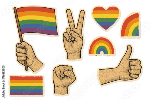 Vintage Pride Month collage elements. Halftone hands holding rainbow flag, peace sign, raised fist. Retro paper cutout sticker set for LGBT community support and celebration.