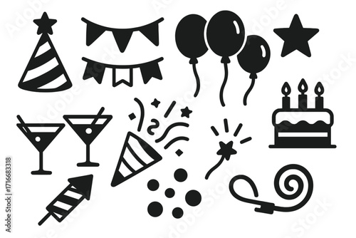 Party celebration icon set. Black minimal vector graphic elements for birthday, event, new year. Festive silhouettes of cake, balloon, confetti, drink for holiday design.