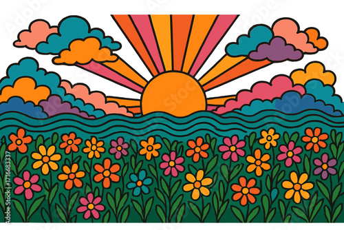 Psychedelic art landscape with sunset and flower field. 1960s hippie illustration with clouds, waves, sun rays. Groovy vector hand drawn background. Vintage cartoon nature.