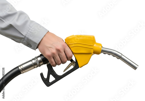 Hand holding a yellow fuel nozzle isolated on transparent background for gasoline or diesel