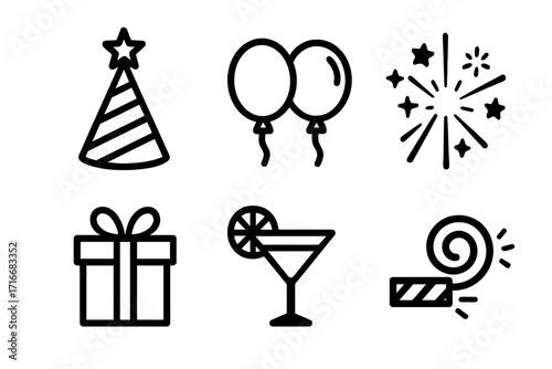 Set of party and celebration line icons. Vector illustration of birthday elements. Includes party hat, balloons, fireworks, gift box, cocktail and party blower. Minimalist design.