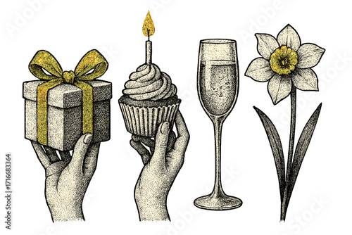 Vintage elegant halftone collage with female hands holding gift box with gold bow, cupcake with lit candle, champagne glass, and daffodil flower in dotted vector mixed media style