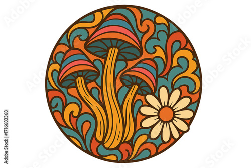 Psychedelic poster with magic mushrooms and daisy in a round shape. Groovy retro 60s 70s vector illustration. Hippie boho summer art. Flower power, peace and love concept.