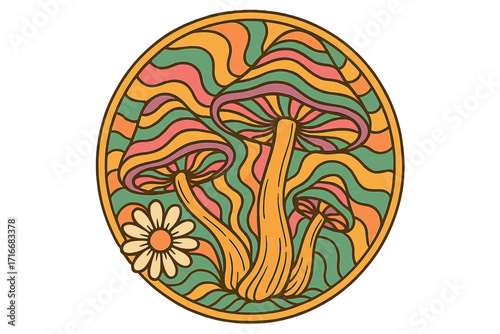 Groovy psychedelic mushrooms and daisy illustration. 70s retro hippie style circular design. Vintage flower power print for posters, stickers. Magic fungi, boho summer art.