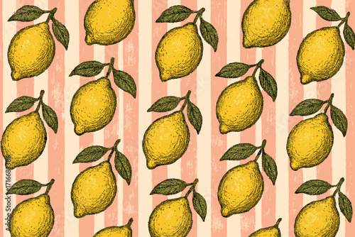Vintage seamless repeating pattern with hand-drawn yellow lemons and green leaves on soft pink and white striped background, hatching pencil texture, cozy summer citrus backdrop, vector illustration