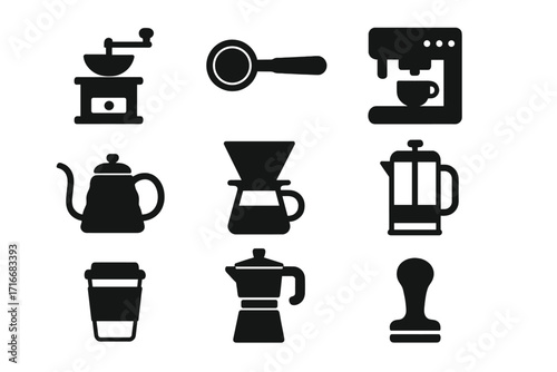 Barista tools and coffee brewing equipment icon collection. Minimalist silhouette vector icons of grinder, moka pot, french press, tamper, kettle, and espresso machine.