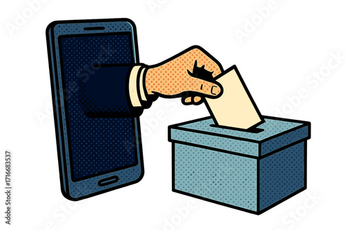 Online voting concept. Remote electronic election via smartphone. Hand from phone puts ballot in the ballot box. Digital e-voting metaphor. Vector comic style illustration.