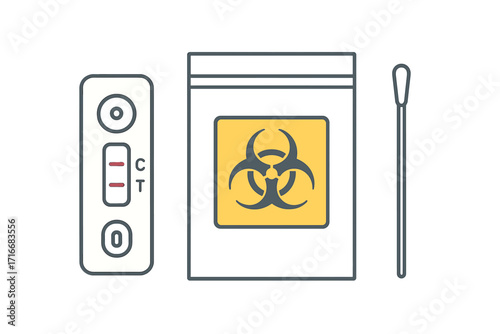 COVID-19 antigen rapid test kit with a positive result. Coronavirus self-detection set with nasal swab, test cassette, and biohazard bag. Medical diagnostics vector illustration.
