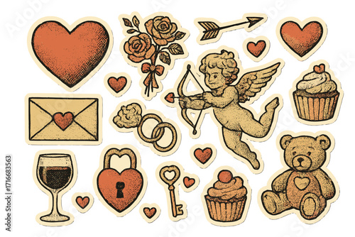Valentine's Day collage elements. Vintage paper cut stickers with halftone effect. Romantic scrapbook set with cupid, heart, roses, love letter for card or banner design.