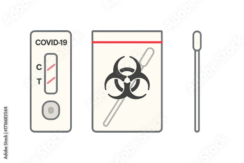 Vector illustration set of a COVID-19 antigen rapid test kit showing a positive result. Includes the test cassette, nasal swab stick, and a biohazard specimen bag.