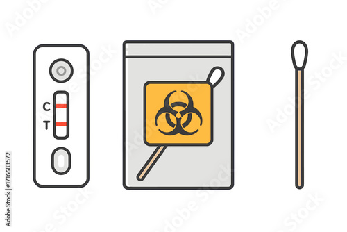Coronavirus COVID-19 antigen rapid test kit with positive result. Vector illustration of ATK cassette, biohazard bag, and swab stick for self-disease detection. Medical diagnostics.