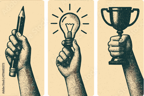 Back to school vintage poster set. Hand with pencil, lightbulb, winner cup. Education, study, creativity, idea, success concept. Retro halftone vector illustration.