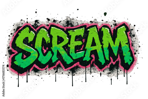 Scream word graffiti lettering. Urban street art typography. Grunge punk retro slogan with spray paint texture for tee print. 80s 90s hip hop style. Halloween horror vector.