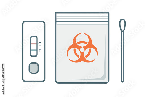 Positive COVID-19 antigen rapid test kit vector. ATK self-testing set with cassette, nasal swab, and biohazard waste bag. Concept for medical diagnosis and pandemic.