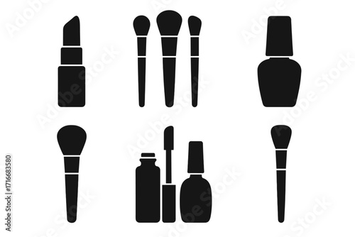 Cosmetic icons set. Makeup beauty silhouette collection. Vector lipstick, nail polish, mascara, powder brush symbols. Fashion glamour cosmetology elements. Isolated graphic kit.