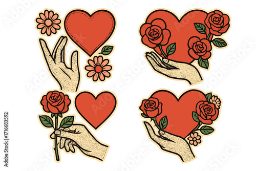 Valentine's Day retro sticker pack. Vintage hand gestures with red heart and rose flower. Love and romance concept. Halftone vector elements for greeting card or collage.