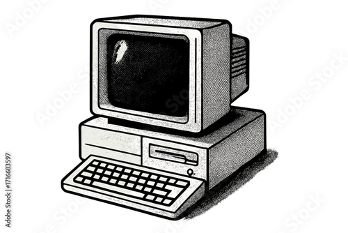 Retro PC vector illustration. Old vintage computer with monitor and keyboard. 80s 90s nostalgia. Black and white halftone drawing. Retrofuturistic tech icon for collage.